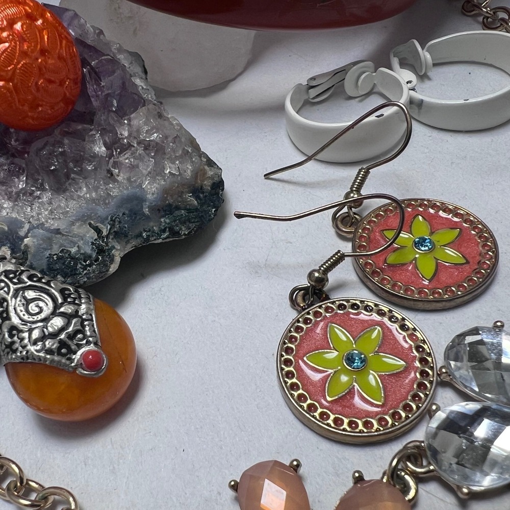 vtg - Modern Jewelry Orange Flowercore Bib Necklace Enamel Earrings Bangle‎ Cuff - Picture 4 of 16